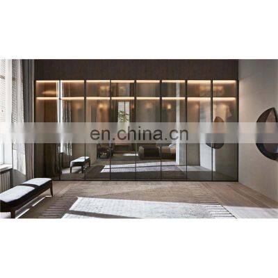 Aluminum glass sliding door wardrobe bedroom cabinet led lights wardrobe