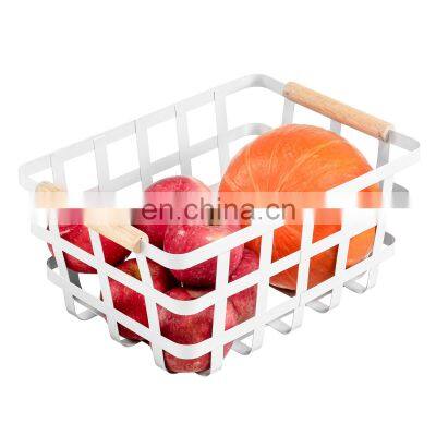 Wholesale sale white kitchen organizer flat fruit vegetable iron wire metal storage basket with wooden handle