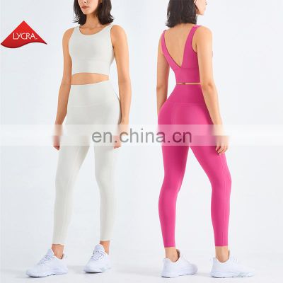 Custom Deep V Back Bra Match Crotchless Leggings 2pcs Yoga Suit Set Women Sports Gym Tracksuit Ladies Gym Fitness Sets