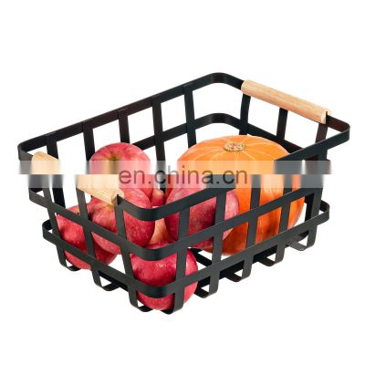 Nordic Style Wire Metal Pantry Cabinets Store Fruit Coffee Black Storage Organizer Farmhouse Baskets with Dual Wood Handles