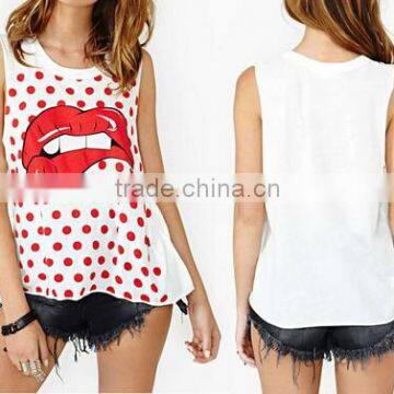 Instyles Sexy chiffon women polka dot tops Hippie Big Red Lip Printing Dot Camisole Sleeveless blouse boutique Clothing