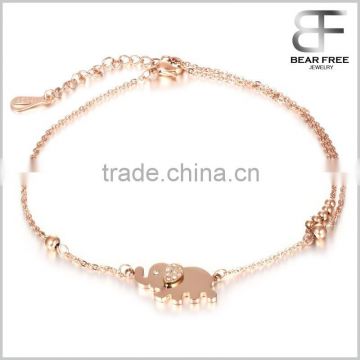 Stainless Steel Rose Gold Plated Womens Ankle Bracelet Elephant CZ Pendant Chain Anklet Foot Chain