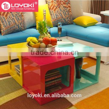 new design colorful wood sofa side table multifunction assembly cube bookshelf high quality Glossy MDF wood coffee table