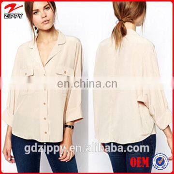 Fashion Women Chiffon Blouse With Double Pockets And Batwing Sleeves