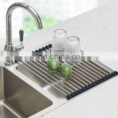 Roll Up Dish Drying Rack Over the Sink Foldable Stainless Steel Sink Mat Dish Drainer for Kitchen Counter
