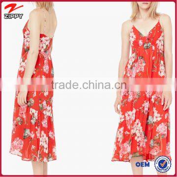 women clothing factory wholesale floral print Dress with V-neck