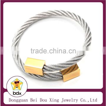 New Arrivals Fashion High Quality Men's Stainless Steel Silver Bangle Cuff Black Rope Wire Cable Bangle Bracelet With Gold Charm