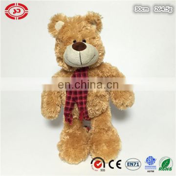 Fluffy soft sitting brown teddy bear plush toy with scarf