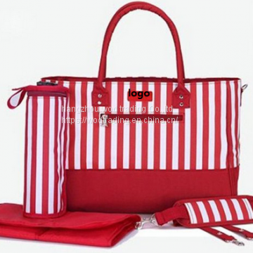 Stripe printed diaper bag with many pockets inside