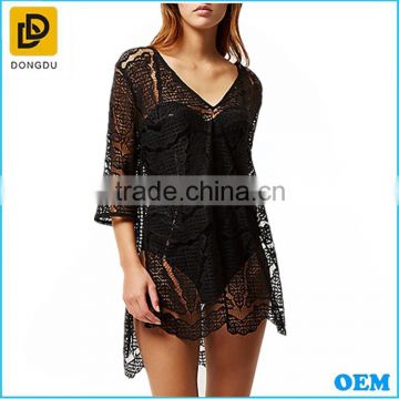 Black floral lace splits sides sexy fancy cover-up women tunic tops wholesale