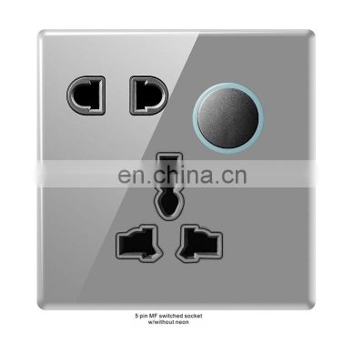 New design electrical wall switch socket panel gray glass panel 5-pin intermediate frequency switch socket
