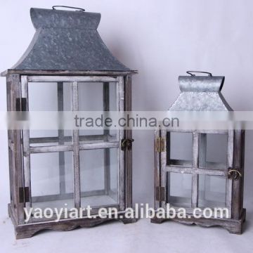 antique set of 2 wooden candle lantern with metal top