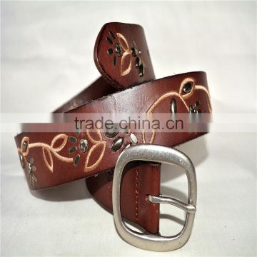 genuine leather cowhide leather embroidered design with stud leather belt