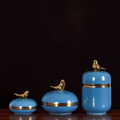 American Nordic Simple Gild Bird Hand Made Blue Black Ceramic Vase For Living Room