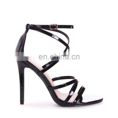 New arrival latest black patent strappy stiletto heel with ankle strap women sandals shoes for ladies