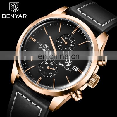BENYAR 5187 New Sports Men Quartz Wristwatches 100M Waterproof Watch for Men Military Leather Chronograph Men Watch