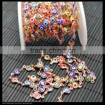 LFD-0014C ~ Wholesale DIY Rose Gold Wire Wrapped Mixed Color Evil Eye Stone Chain Beaded Jewelry Finding
