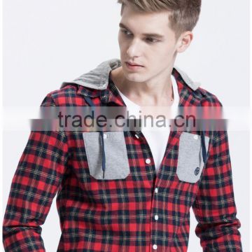 New design double pocket design men's plaid shirt with hoodie