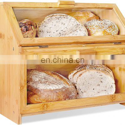 Kitchen Extra Large Double Compartment Bread Box Bamboo Bread Bin with Clear Windows- Rustic Farmhouse Style Bread Holder