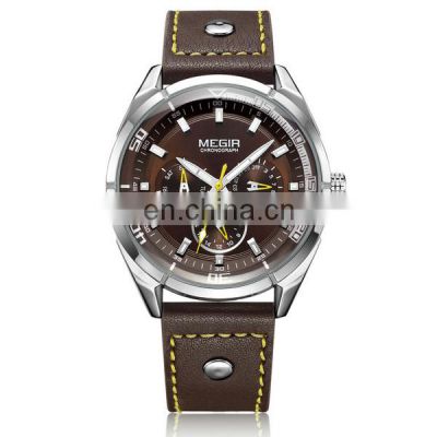 MEGIR 2072 Fashion Quartz Man Clock Name Brand New Watches Wholesale Leather Strap Watch