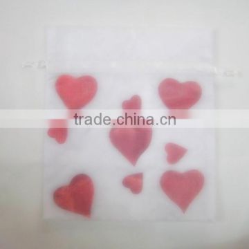 Heart Printed White Wine Bottle Organdy Drawstring Printed Ribbon bag for packing grape wine