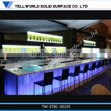 2014 TW white long luxury glossy LED wine bar counter, acrylic solid surface