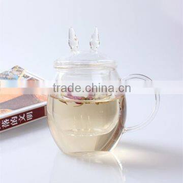 2015 china hot sale hand made heat-resistant pyrex glass office cup with cat shape lid and infuser