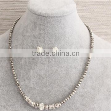 White gold color beads necklace jewelry sets, beads necklace with crystal earrings