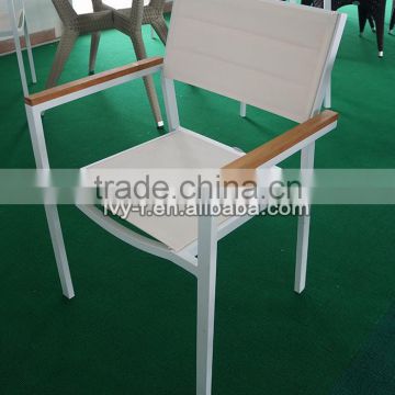 coffee shop metal aluminum dining chair stackable in white sling fabric seat and back with wood armrest outdoor specific use