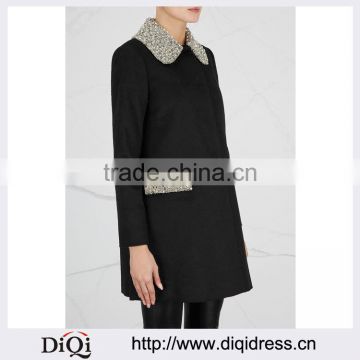 Wholesale Ladies Apparel Sequin Embellished Trims Black Wool Blend Coat(DQE0377C)