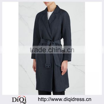 Wholesale Ladies Apparel Navy Houndstooth Linen and Silk Blend Coat(DQE0351C)