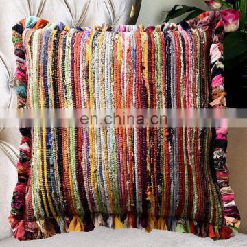 Indian Latest Chindi Rag Cushion Cover 24" Multi Decorative Cushion Cover Pillow Throw Cover Boho