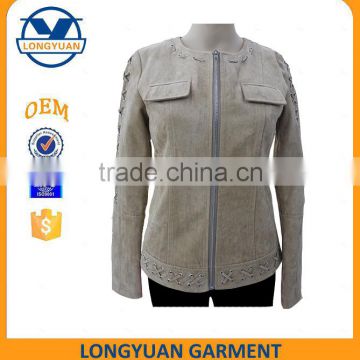 New design fashionable suede pu leather jacket with fake pockets for woman 2016