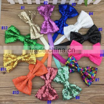Girl 5'' Embroidered Sequin Hair Bows Elastic Baby Headband Kids Sequin Bows Hairbands Hair Accessories