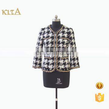 Latest short fitted houndstooth pattern tweed jacket for women