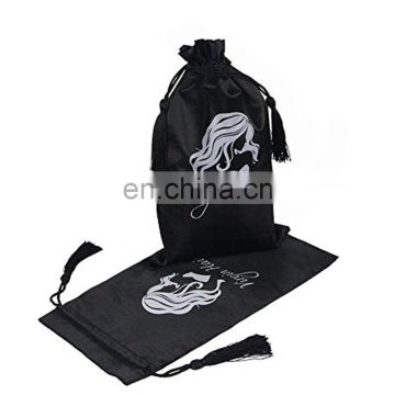 Custom black satin weave hair extension packaging bags for storage