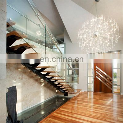 CBM Exclusive carbon steel beam solid wood tread 1m tempered glass rail stair customized indoor straight staircase