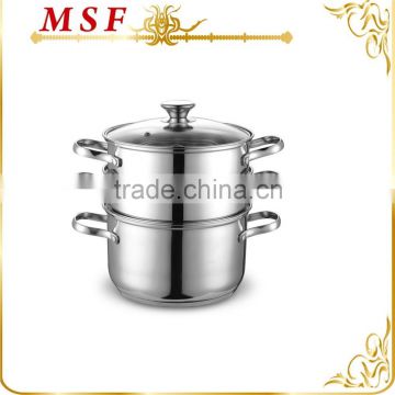 MSF-3433 Durable stainless steel wire handle connected by rivets 3 layer stainless steel food steamer heat resistant glass lid
