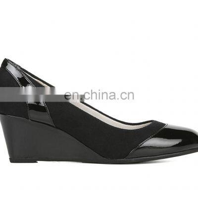 Ladies wedges women sandals black color pointed toe and patent look ankle wrap shoes