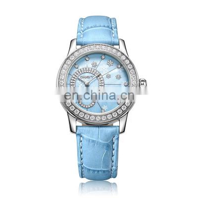 Luxury custom stainless steel blue leather straps designer women quartz watch female diamond