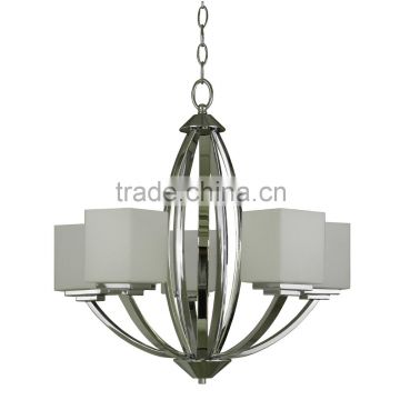 new product 5 light chandelier (Lustre/La arana)in chrome finish with five white glass shades