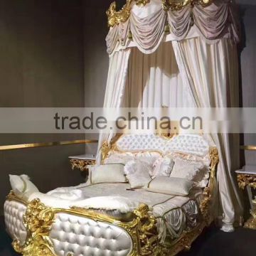 White & Gold Design Button Tufted King Size Bed, Luxury Wood Carved Golden Bed & Night Stands, Imperial Bedroom Furniture Set