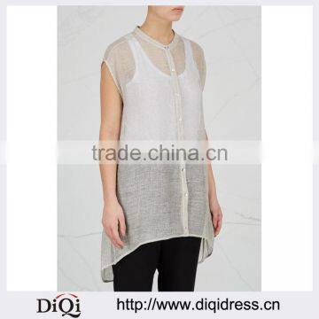 Wholesale Women Apparel Open Weave Grandad Collar Semi-sheer Organic Linen Blend Tunic(DQE0353T)