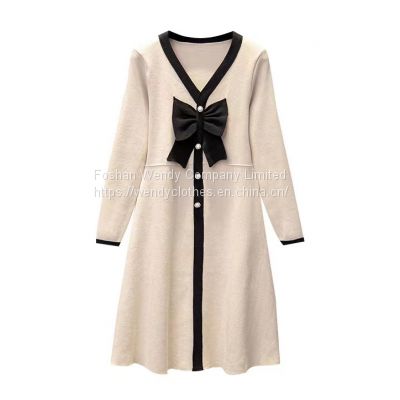 Autumn and winter large size women's wear V-neck knit wool skirt small fragrance dress