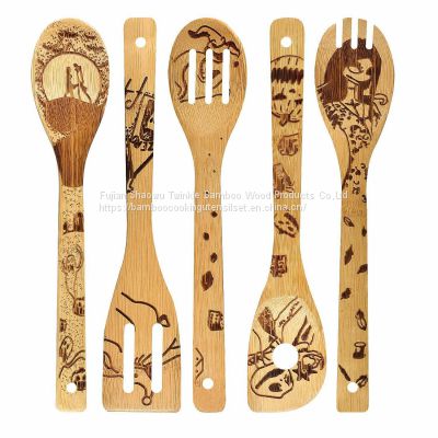 Burned bamboo cooking utensils set engraved bamboo wooden kitchen spoon set kitchenware