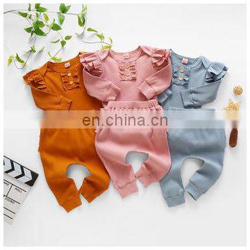 Infant Baby Girls Autumn Clothing Set Long Sleeve Ribbed Knitted Ruffle Cotton Rompers Tops Pants Clothes Suit