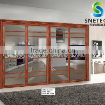 wood frames tempered glass with flower pattern strip for partition sliding doors