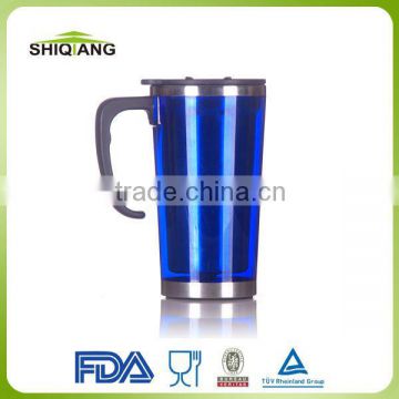 14oz double wall stainless steel travel coffee mug water cup with plastic handle and leakproof lid