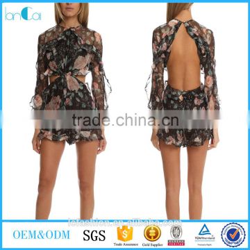 Black latest floral printed long sleeve backless romper women summer sexy trendy clothing