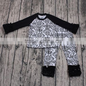 Yawoo promoted girls damask patterns ruffle raglan outfits bulk wholesale baby clothes